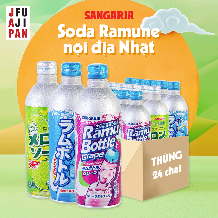 Thùng 24 chai Soda có ga Sangaria 500mL vị chanh, nho và dưa lưới 500g