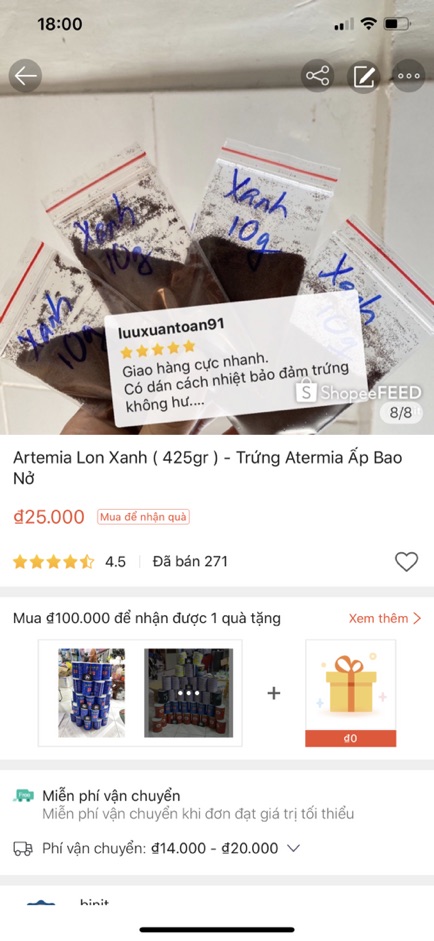 🐠 Artemia Xanh - Hàng bao nở - Date mới  ( 50 gram )