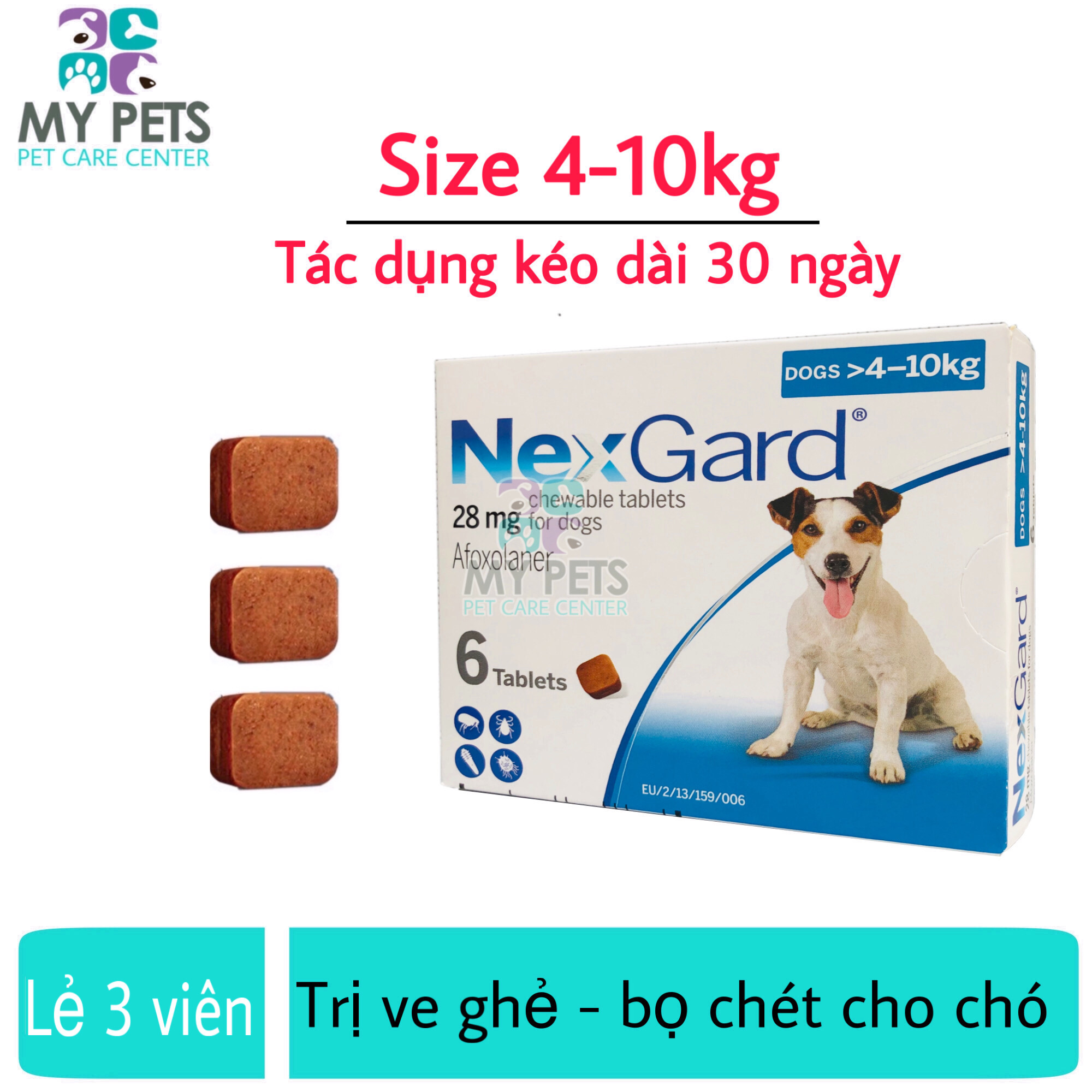(Lẻ 3 viên - Không hộp) NEXGARD viên nhai ve ghẻ bọ chét cho chó (size 4-10kg. no box)