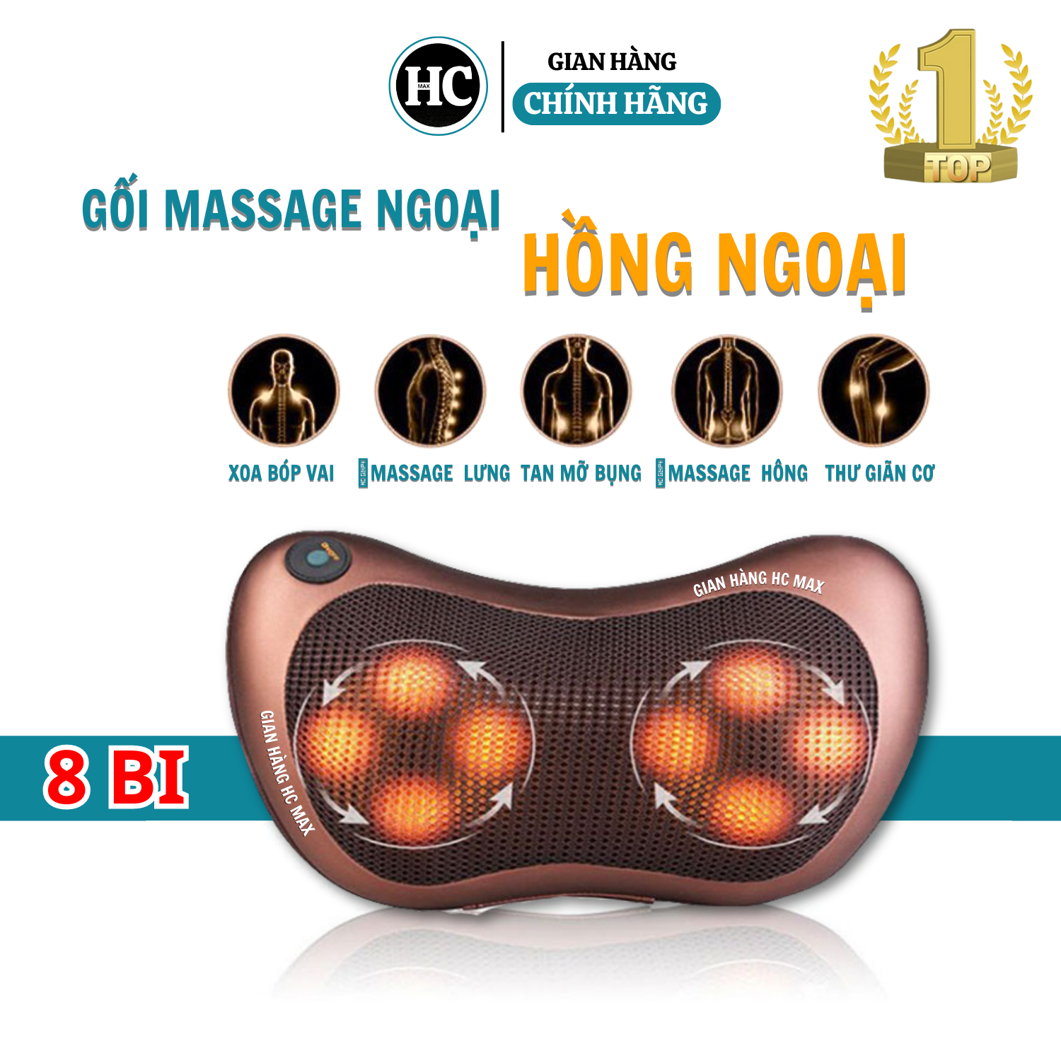 Gối massage cổ vai gáy đa năng, Gối massage 8 bi hồng ngoại, Gối massage đa năng 12V