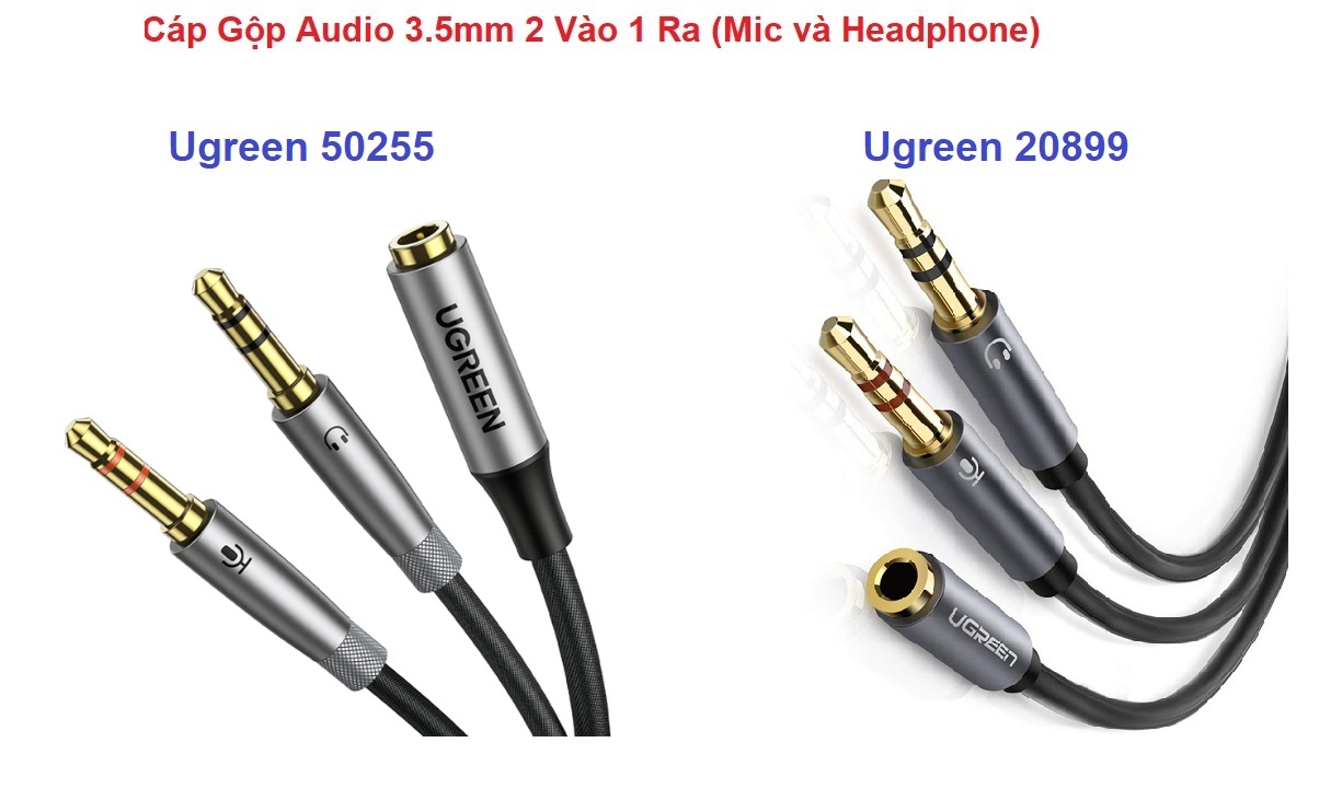 Cáp Gộp Audio 3.5mm 2 Vào 1 Ra Ugreen 20899 , 50255 (Mic và Headphone) Chính Hãng