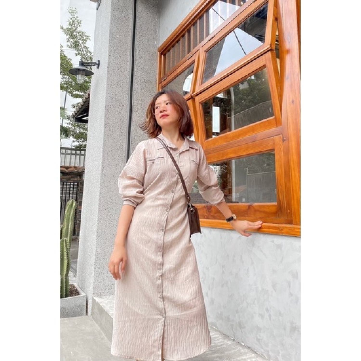 Đầm sơ mi tay dài tơ xước
