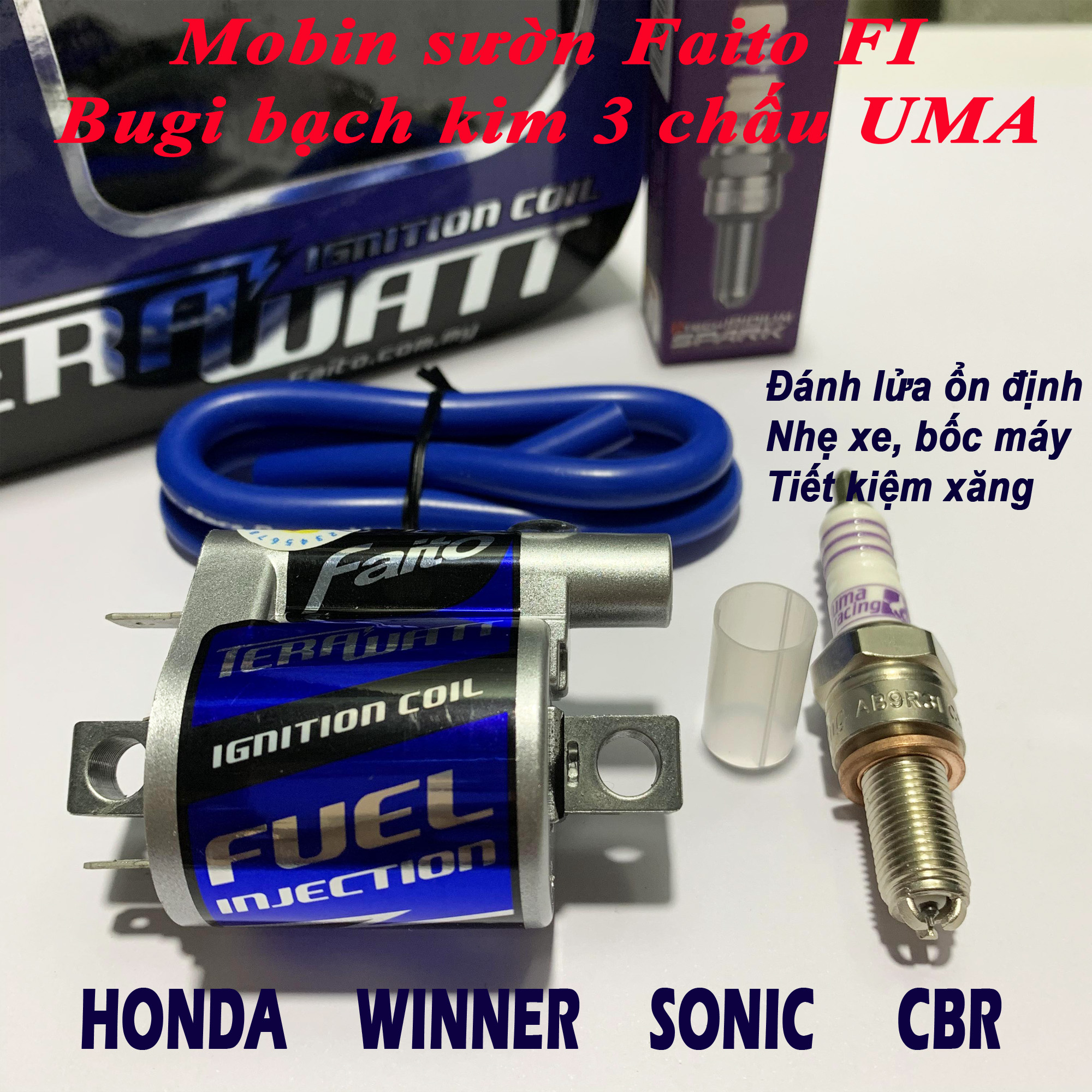Combo Mobin Faito và Bugi Uma cho Honda Winner, Sonic, CBR - Mobin sườn độ và bugi bạch kim 3 chấu