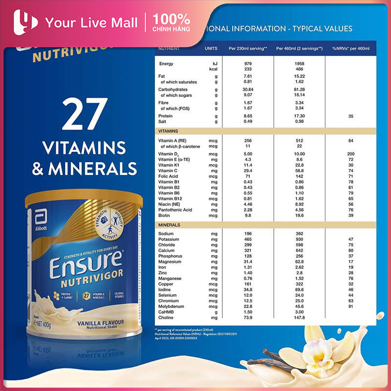 Hộp Sữa bột Ensure (Anh) 400g