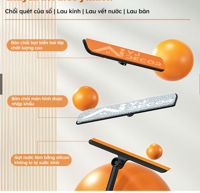 Cây Lau Kính Thông Minh, Bàn Chải Vệ Sinh Gạt Chùi Cửa Kính Đa Năng 3 Trong 1 Nhỏ Gọn Tiện Lợi Xoay 360 Độ