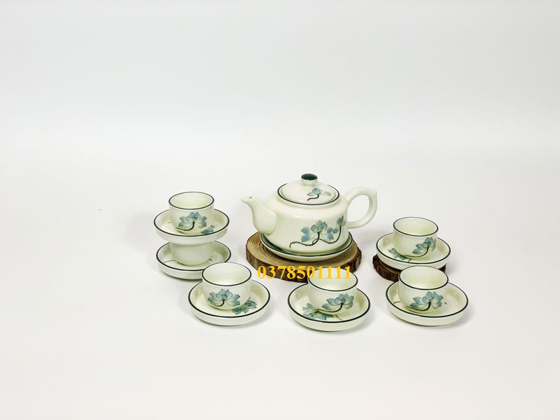 Bộ trà men kem vẽ sen xanh
