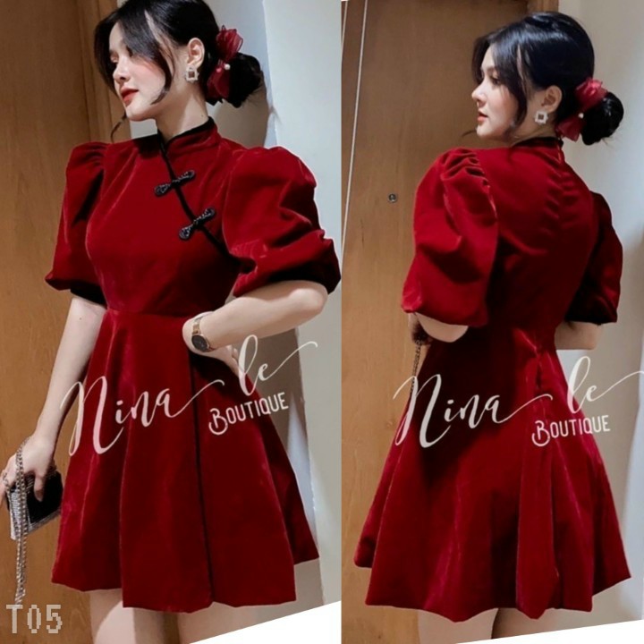 Đầm cổ tàu tay phồng-ZU#damnu