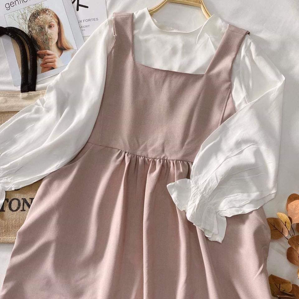 Set Đầm Yếm Hồng kèm áo tay bo