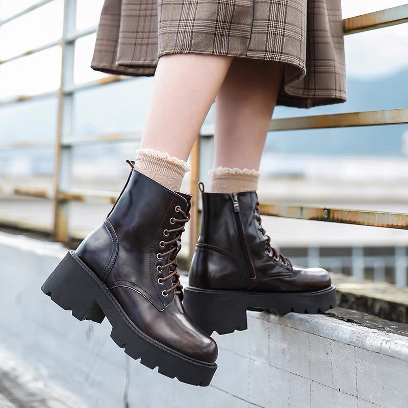 Platform Combat boots - Boots da bò nữ