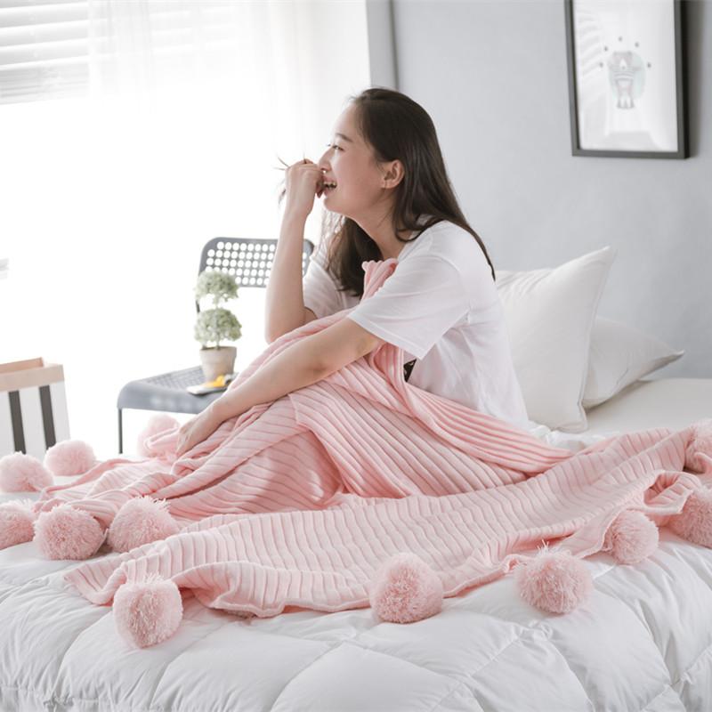 Ins 100% Cotton Cầu Bông Bóng Chăn Lông Sô Pha Chăn Khăn Choàng Vai Chăn Đơn Tấm Thảm Văn Phòng Điều Hòa Nap