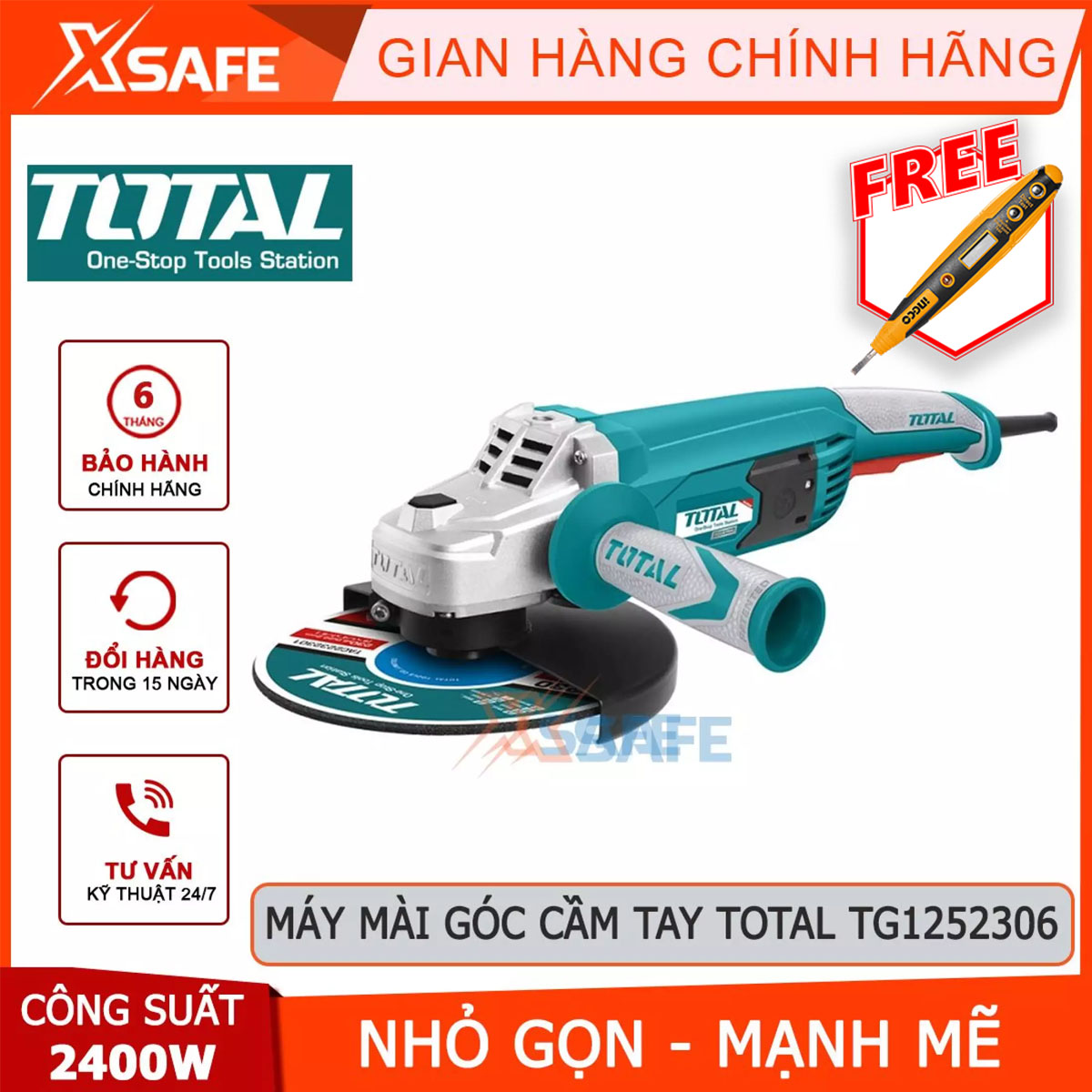 Angle grinder portable total TG1252306 angle grinder metal 220-240V ~ 50/60hz 2400W diameter grinding disc 9 "230mm 3kg body held compact, specialized for cutting/grinding metal, neck empire to [xsafe]