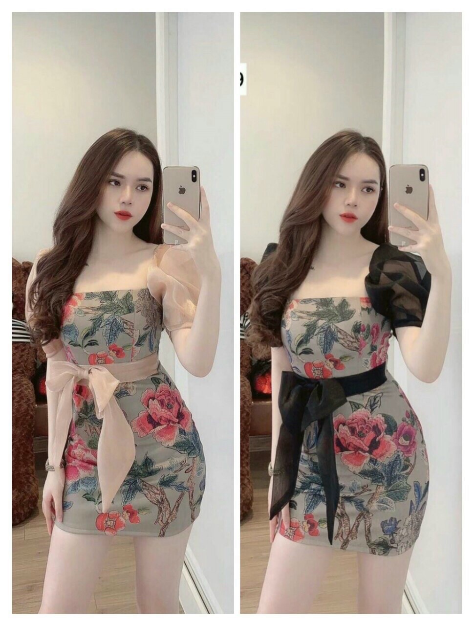 Đầm hoa hồng họa tiết 3d tay phồng chất voan kiếng bềnh bồng cột nơ eo đi tiệcđi dạo chuẩn xinh kks
