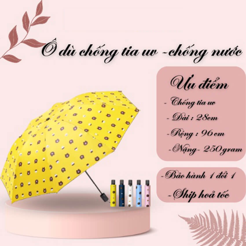 Ô dù che mưa che nắng chống tia UV cầm tay gấp gọn họa tiết Gấu dễ thương, ô che mưa nắng 8 nan cứng cáp, dù che mưa che nắng gấp gọn nhiều màu