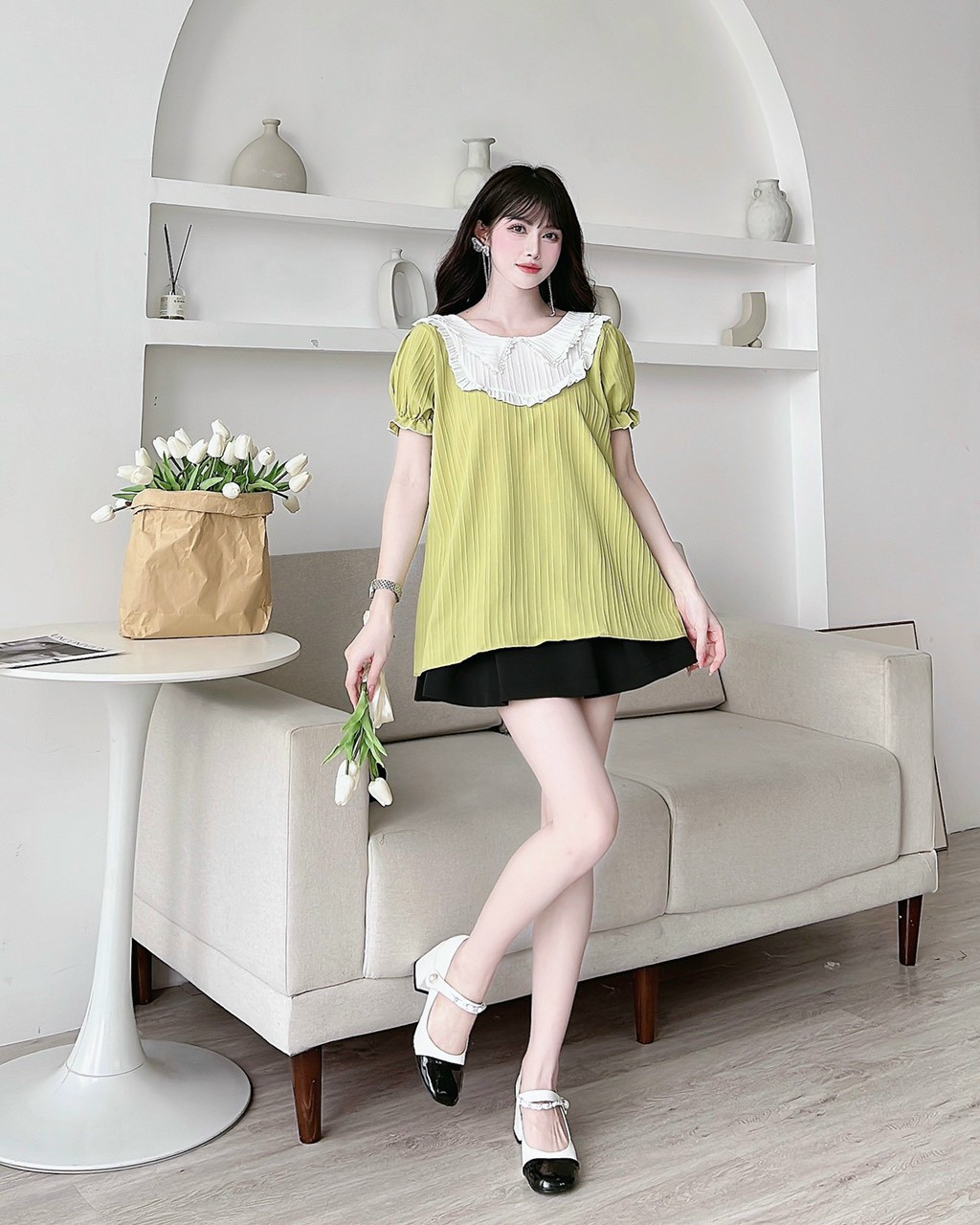 Áo Bầu đẹp công sở phối vạt sơ mi trẻ trung hàn quốc