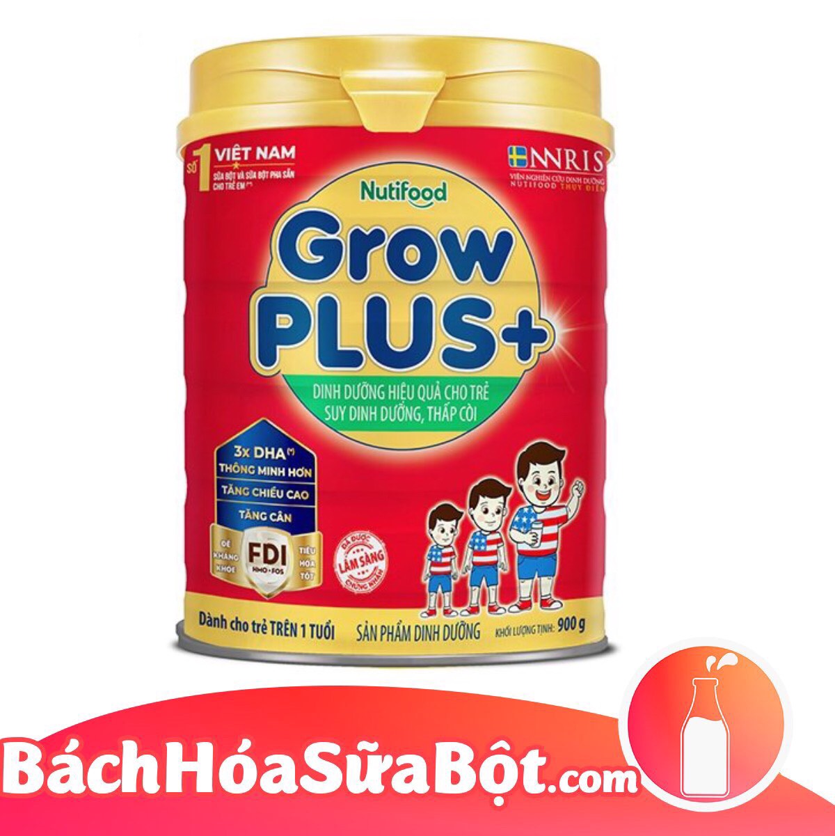 Sữa Bột NutiFood Grow Plus+ Đỏ 900g (Dành Cho Trẻ Suy Dinh Dưỡng, Thấp Còi)