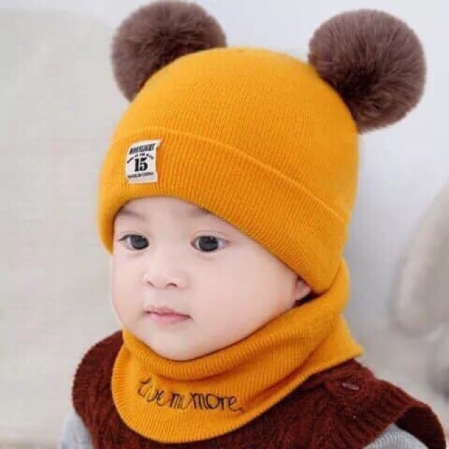 Set khăn + mũ len 2 quả bông hình đôi mắt cho bé