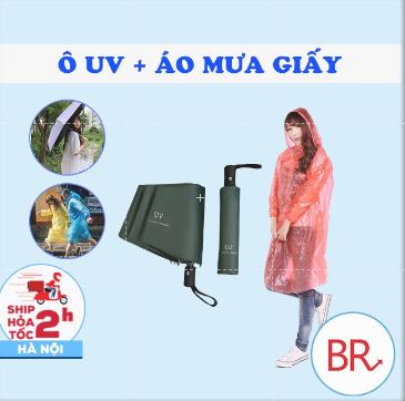 Ô gấp gọn chống tia UV - Ô dù gấp gọn tặng kèm áo mưa giấy tiện ích Br 00555