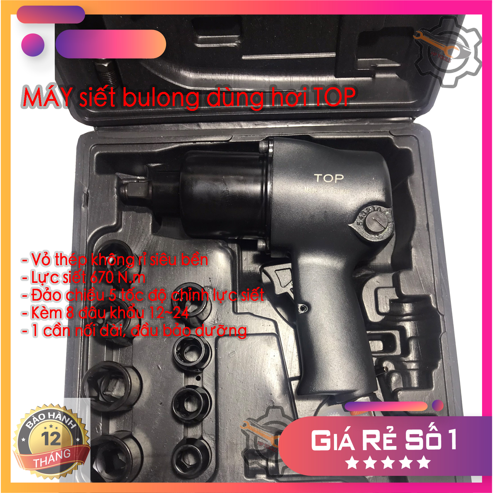 Máy mở ốc TOP dùng hơi khí nén dụng cụ siết bulong kèm 10 khẩu 9-27 có búa kép