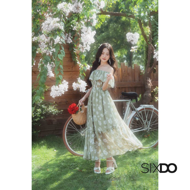 Đầm hoa voan midi trễ vai chun eo thời trang SIXDO (Floral Maxi Voile Dress)