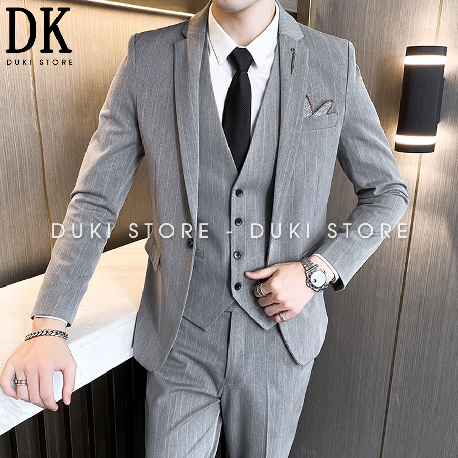 Bộ vest nam 1 nút sọc kẻ màu ghi thanh lịch dka0145 - duki store
