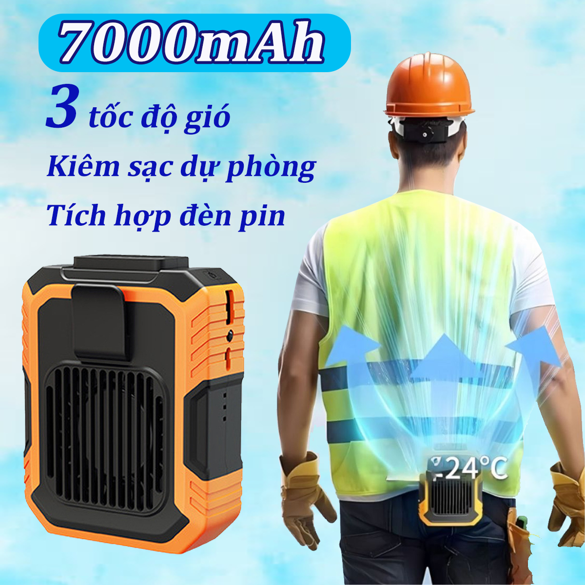 Quạt đeo hông, quạt treo eo để bàn cao cấp, quạt tích điện quạt điều hòa di động kiểm sạc dự phòng, quạt đeo thắt lưng đeo cổ cầm tay có đèn pin chiếu sáng dây đeo tiện lợi