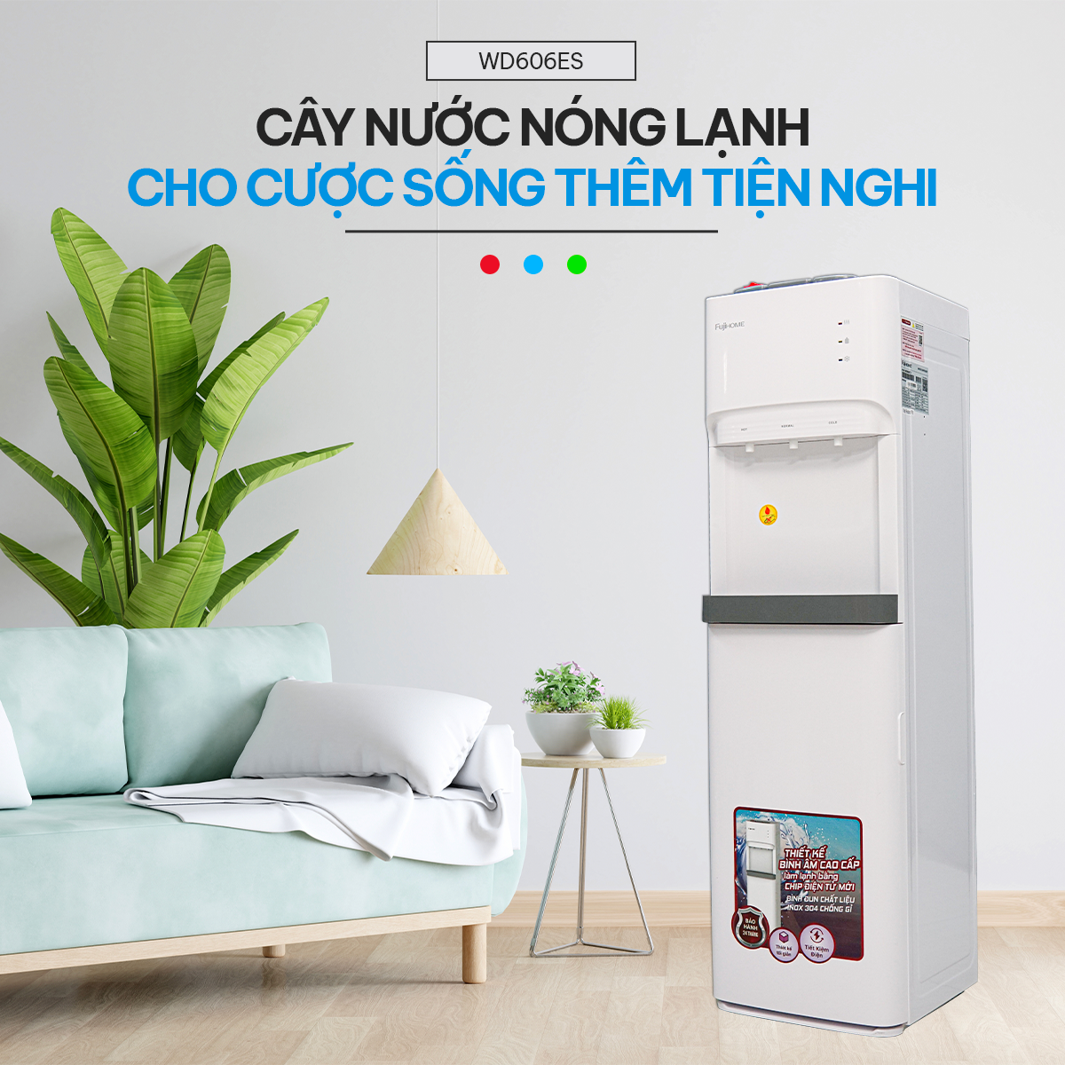 Cây nước nóng lạnh Nhập Khẩu Nhật Bản Fujihome WD606ES, bình lọc máy lọc nước nóng lạnh mini uống tiết kiệm điện