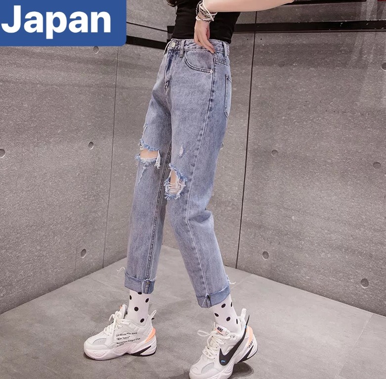QUẦN BAGGY JEAN NỮ CHẤT BÒ XANH RÁCH GỐI NHẬT BẢN LƯNG CAO NÂNG MÔNG JP-3021 JAPAN FASHION