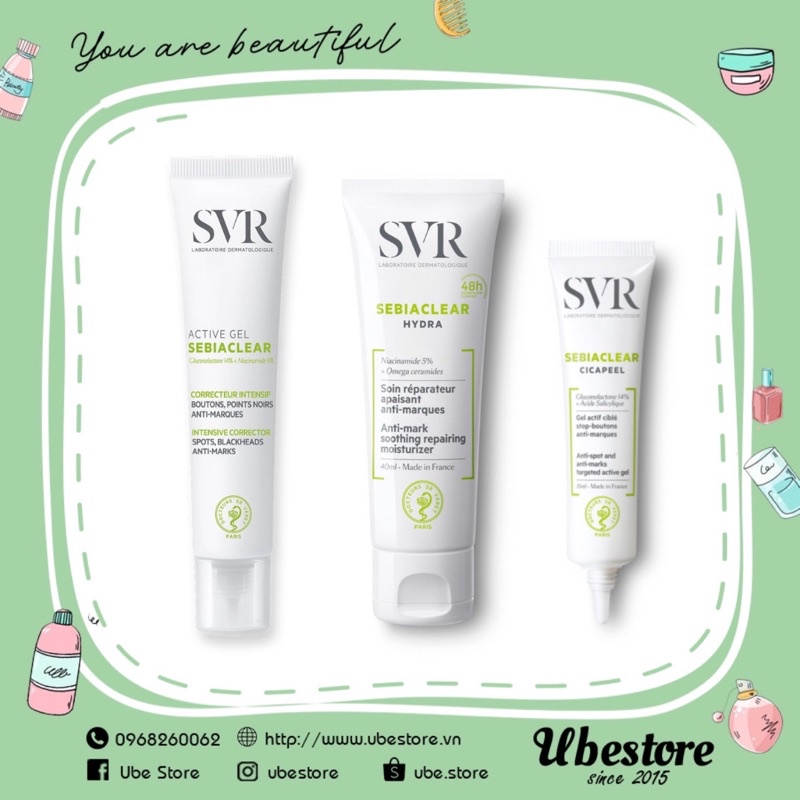 KEM DƯỠNG GIẢM MỤN SVR SEBIACLEAR (ACTIVE GEL - HYDRA - CICAPEEL)