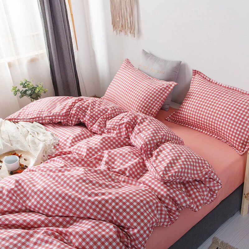 Chăn ga gối Cotton poly - Mẫu Caro hồng.