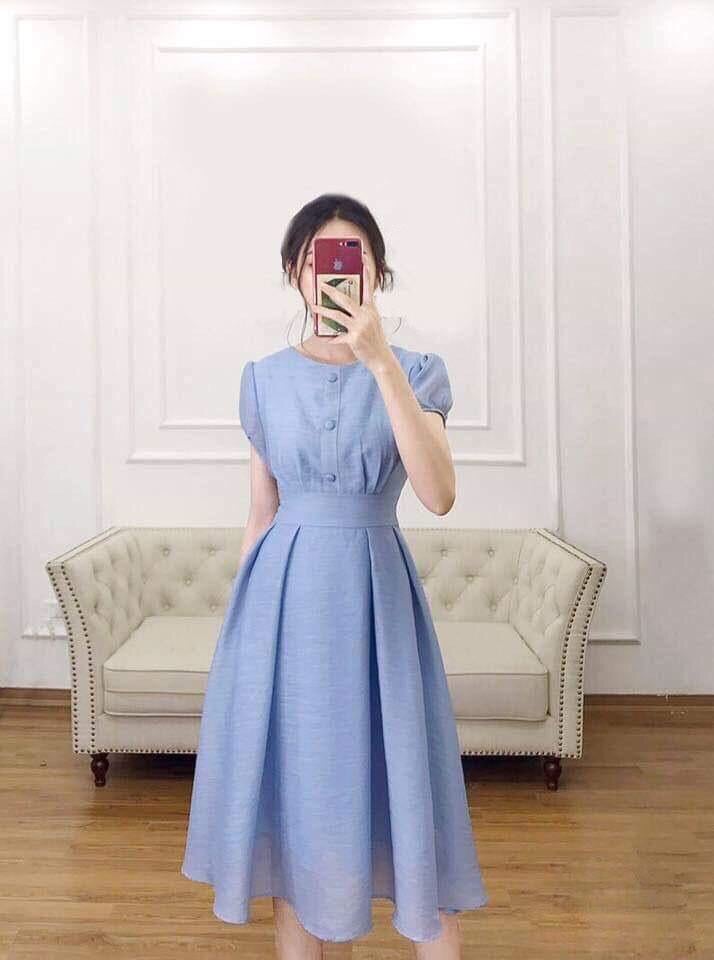ĐẦM XANH DÁNG XÒE ĐÍNH NÚT CAO CẤP