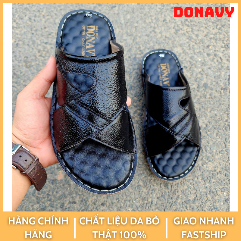 DÉP QUAI NGANG NAM DA BÒ THẬT 100% DONAVY, HÀNG CAO CẤP, ĐẾ CAO SU MASSAGE ĐI RẤT ÊM CHÂN, QUAI MAY CHẮC CHẮN (ĐEN+NÂU) D.MSC