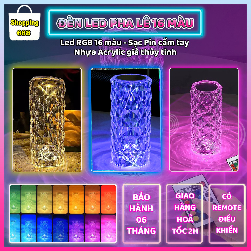 Đèn ngủ pha lê cảm ứng - đèn bàn pha lê cảm ứng 16 màu tặng kèm điều khiển từ xa, đèn chiếu sáng hoa hồng sang trọng, đèn pha lê phòng ngủ, đèn pha lê cảm ứng, đèn pha lê kim cương để bàn, đèn pha lê trang trí phòng khách
