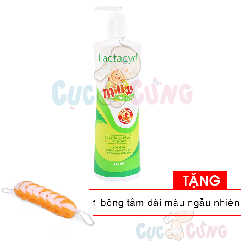 Sữa tắm gội trẻ em Lactacyd Milky 500ml Tặng 1 bông tắm dài màu ngẫu nhiên