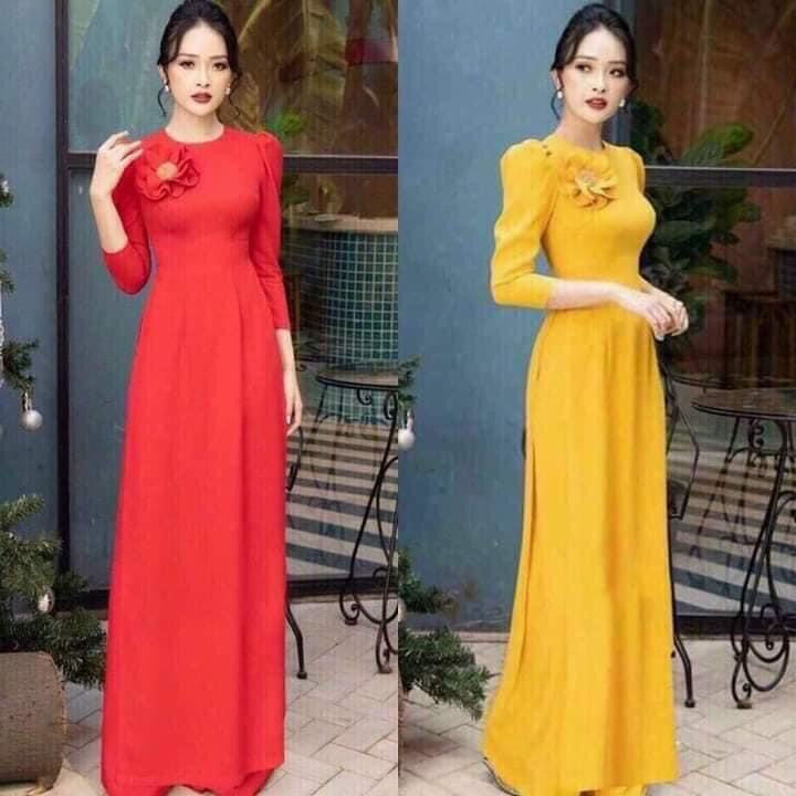 ÁO DÀI HOA TRƠN LỤA MỸ CAO CẤP ĐỎ, VÀNG ĐỦ SIZE