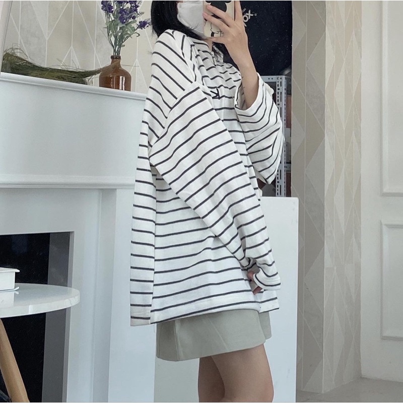 [SW7] KIM- Áo nỉ kẻ trắng đen - Striped Sweater