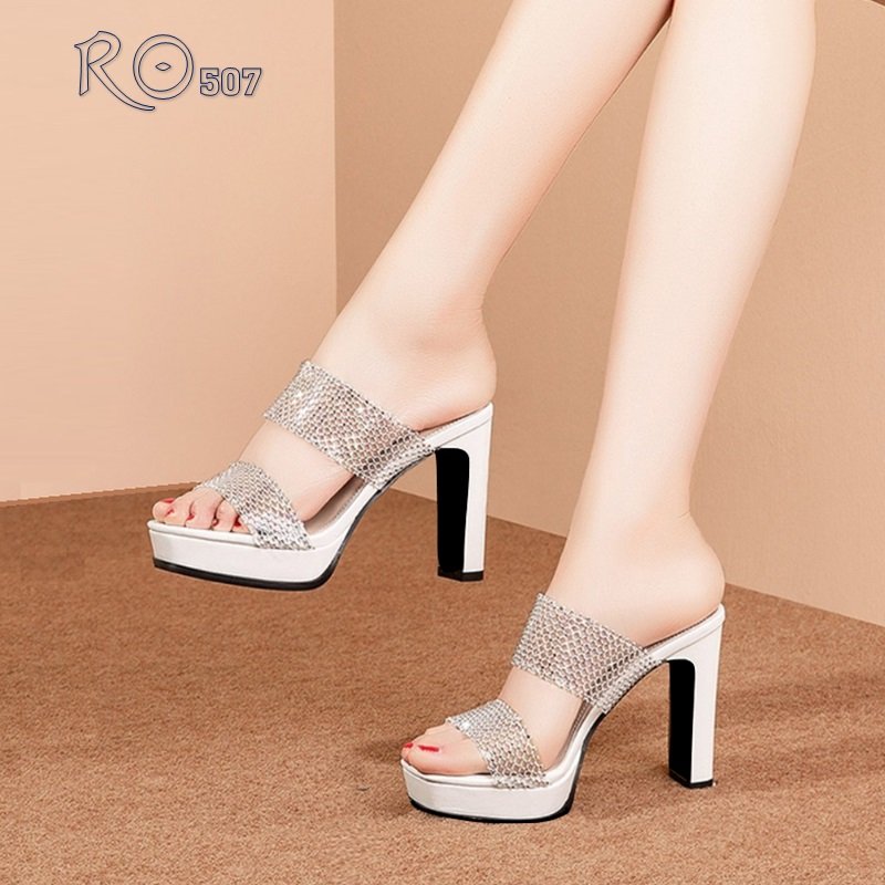 Dép sandal nữ cao gót 8cm hàng hiệu rosata hai màu đen trắng thời trang hàn quốc ro507