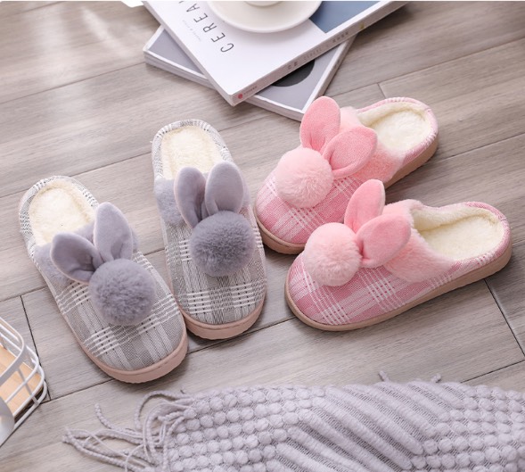 Dép lông mang trong nhà caro hình thỏ, Dép Lông Mang Trong Nhà Sọc Caro Sang Trọng, Dép lông tai thỏ dễ thương, sang chảnh mang trong nhà