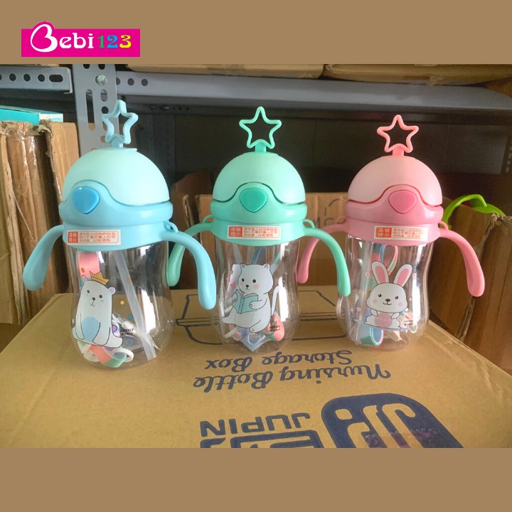 Bình nước tai thỏ, hình sao có dây đeo tiện lợi 280ml cho bé