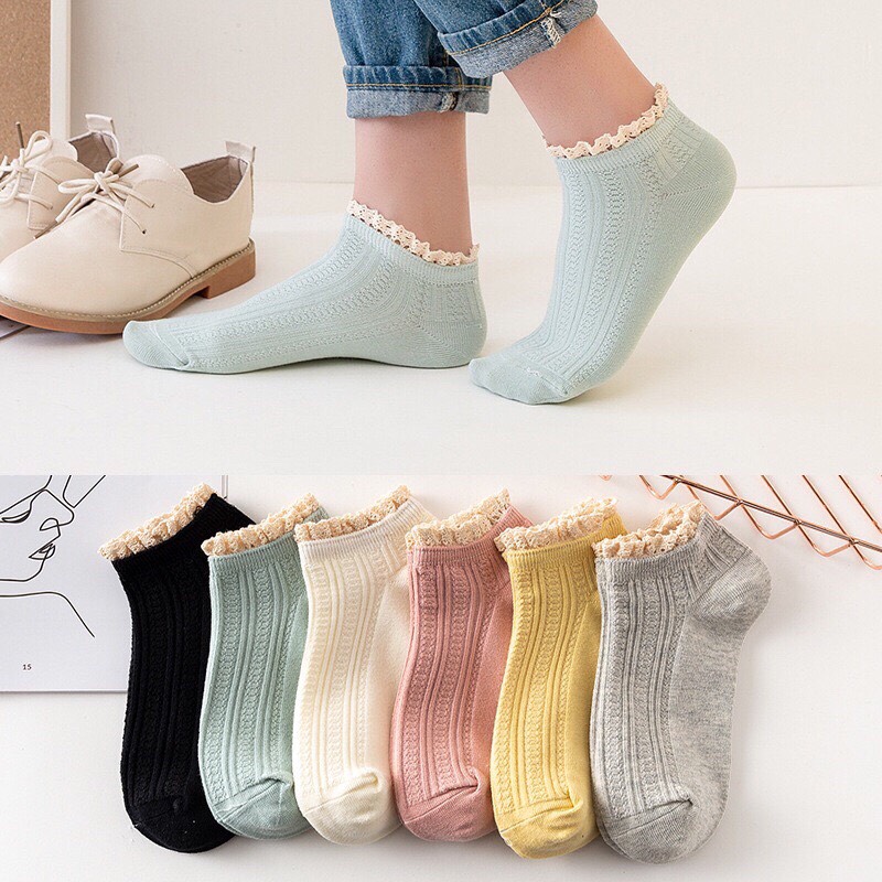Lố 5 Đôi Tất Nữ Cổ Ngắn Nhún Bèo phong cách Hàn Quốc xinh xắn dễ thương nhiều màu