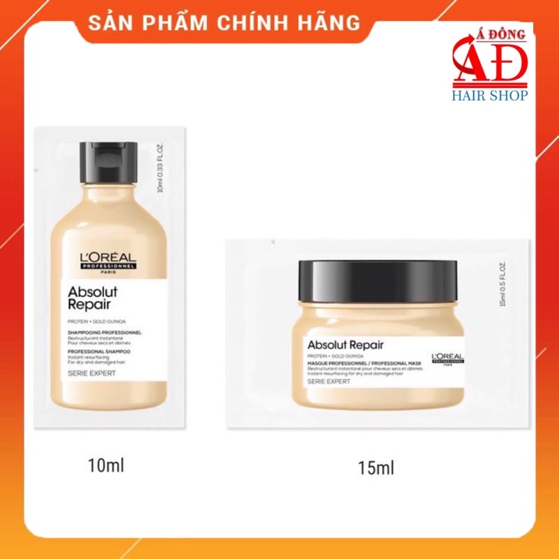 Cặp dầu gội ủ tóc phục hồi tóc khô xơ hư tổn LOreal Professionnel Absolut Repair dạng gói 10ml/15ml