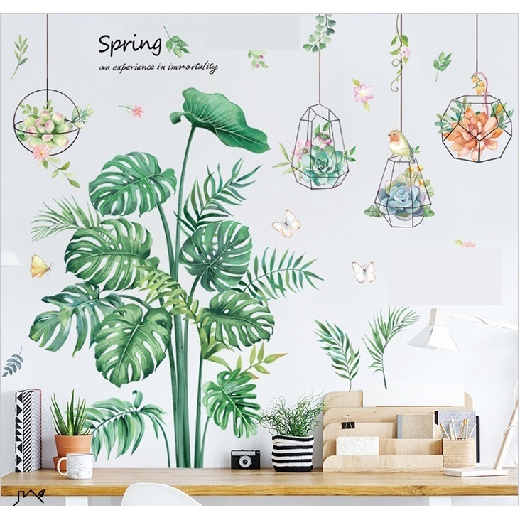 Decal  dán tường tán cây và những giỏ hoa