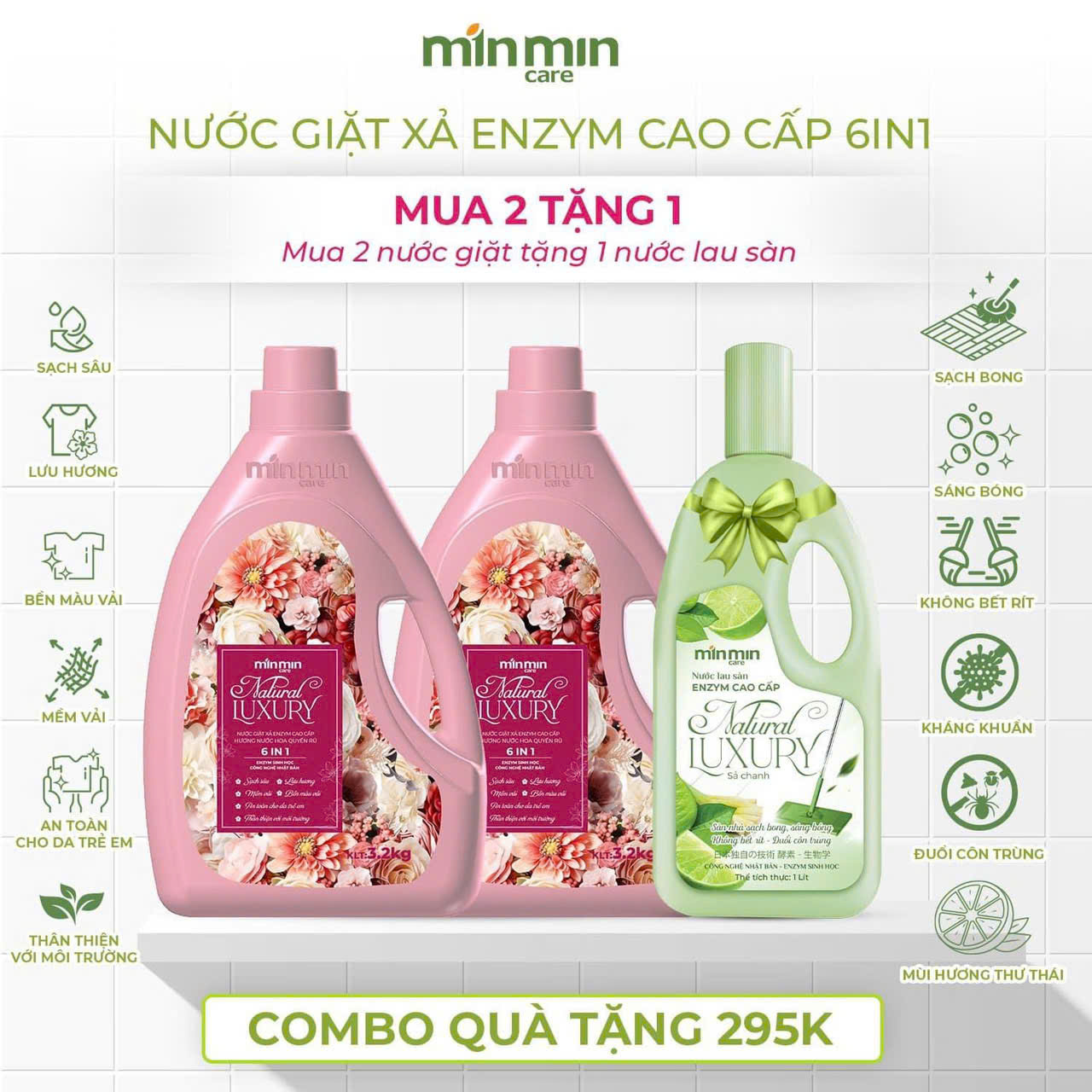 nước giặt minmin care thùng 2 can 6,4 lít giặt-xả enzym sinh học sạch sâu,lưu hương,an toán TẶNG nước lau sàn 1000ml