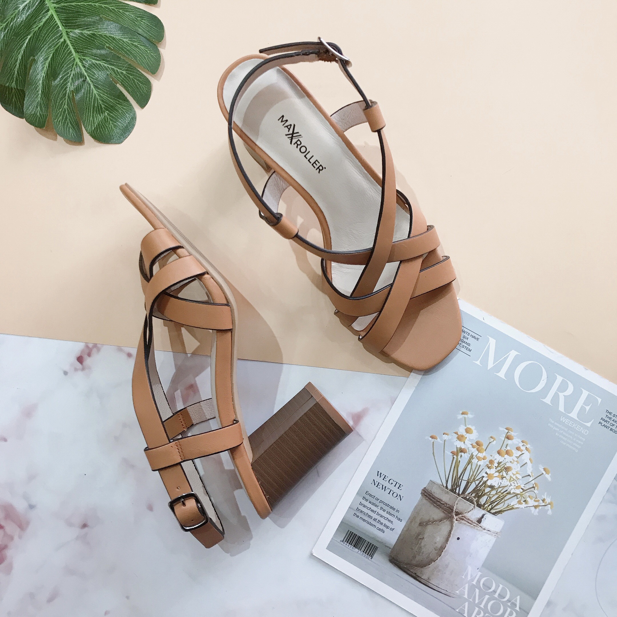 Sandal nữ 7cm gót vuông da thật Maxroller siêu êm (sandal da bò Ý xuất Nhật, ảnh và video của shop)