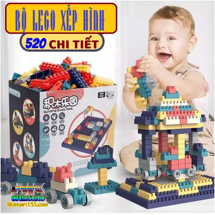 Bộ xếp hình lego 520 chi tiết cho bé lắp ghép các mô hình sáng tạo mà bé yêu thích, cho bé chơi mãi không chán, Thiết kế thông minh với phần nắp hộp đựng là đế dùng để ghép lên trên