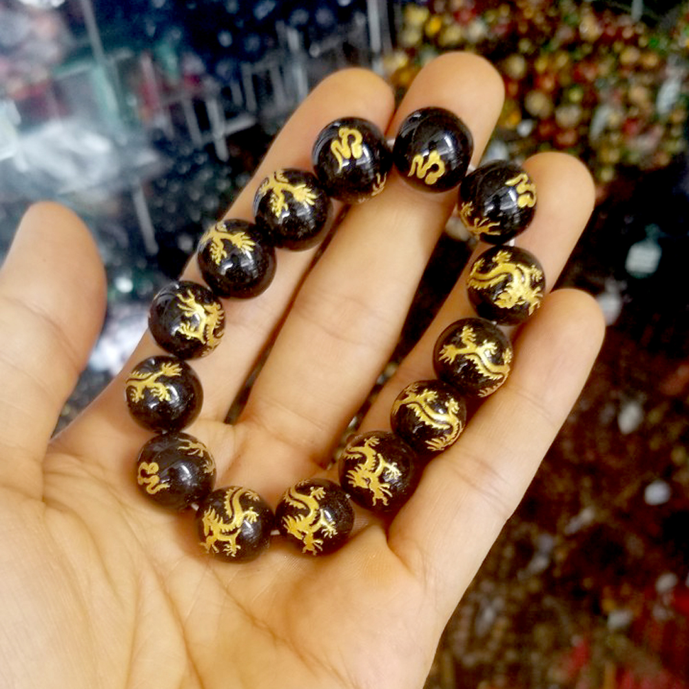 [HCM]Vòng tay chuỗi đá mã não đen khắc hình Rồng Vàng-nhiều cỡ ly