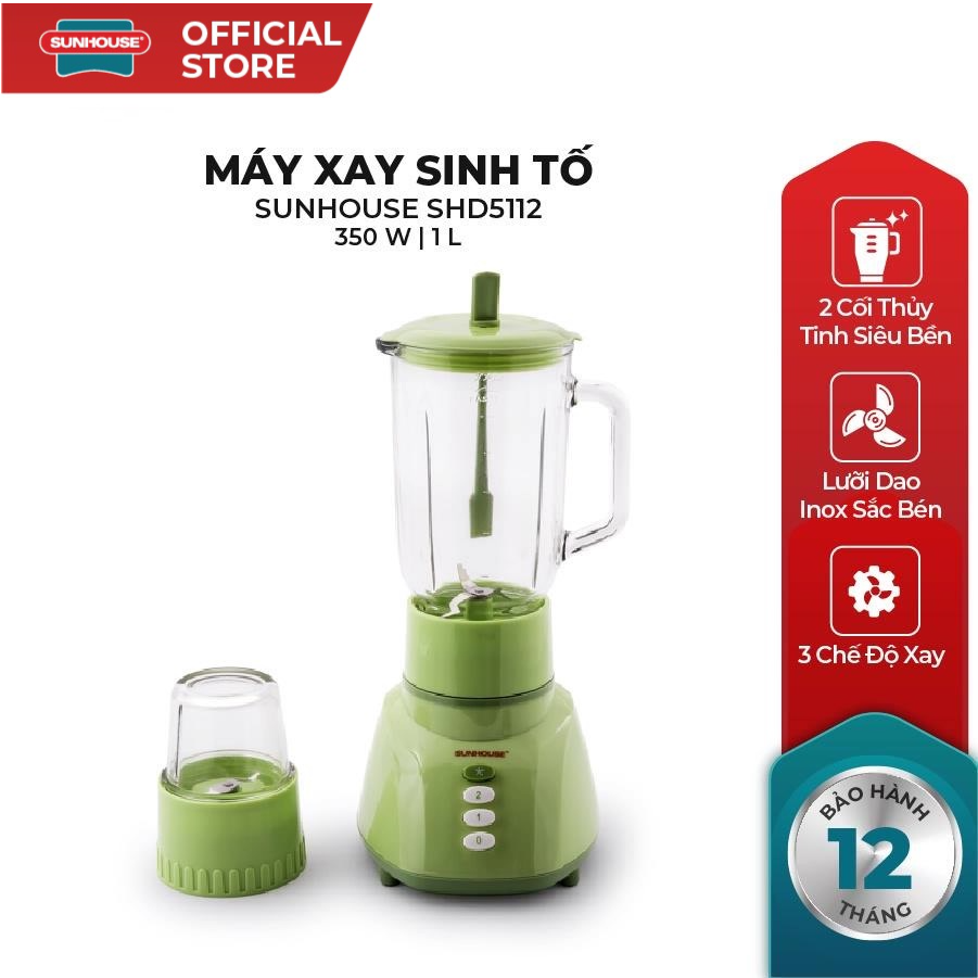 [350W] Máy xay sinh tố cối thuỷ tinh SUNHOUSE SHD5112 (Xanh) , bảo hành toàn quốc 12 tháng ,có phụ kiện thay thế