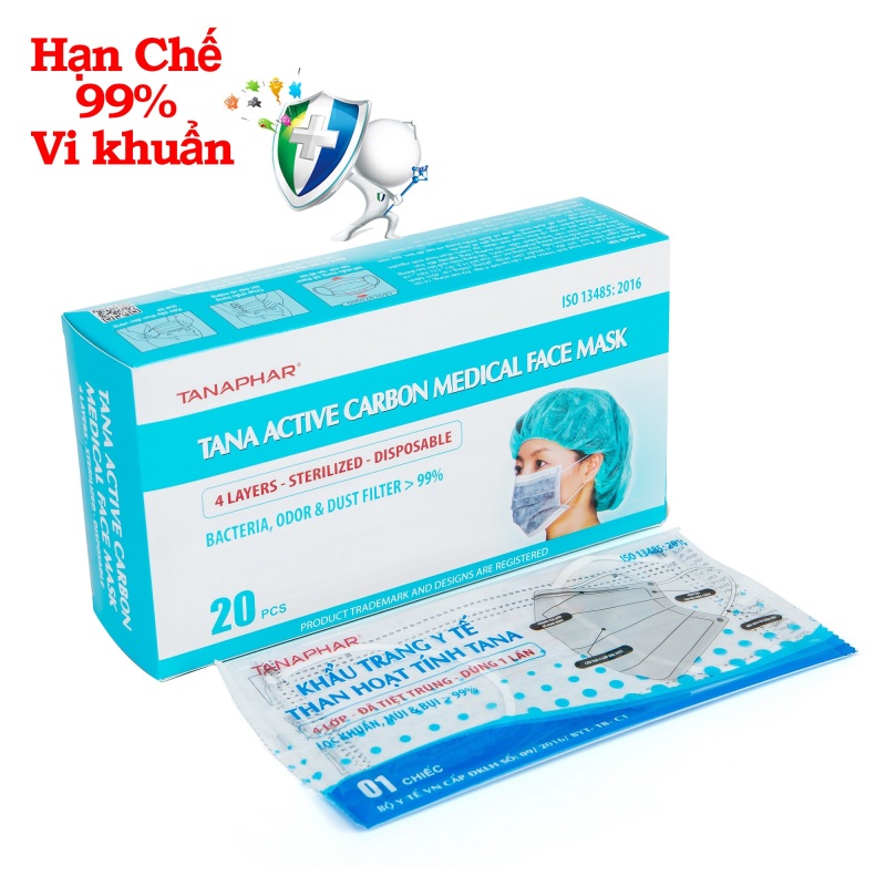 Khẩu trang y tế 4 Lớp Than hoạt tính Tanaphar Hộp 20 cái màu xám đã tiệt trùng với lớp vải kháng khuẩn than hoạt tính chống bụi, Thanh tựa mũi và quai đeo dễ định hình, chắc chắn, vừa vặn, không ảnh hưởng khí thở khi sử dụng