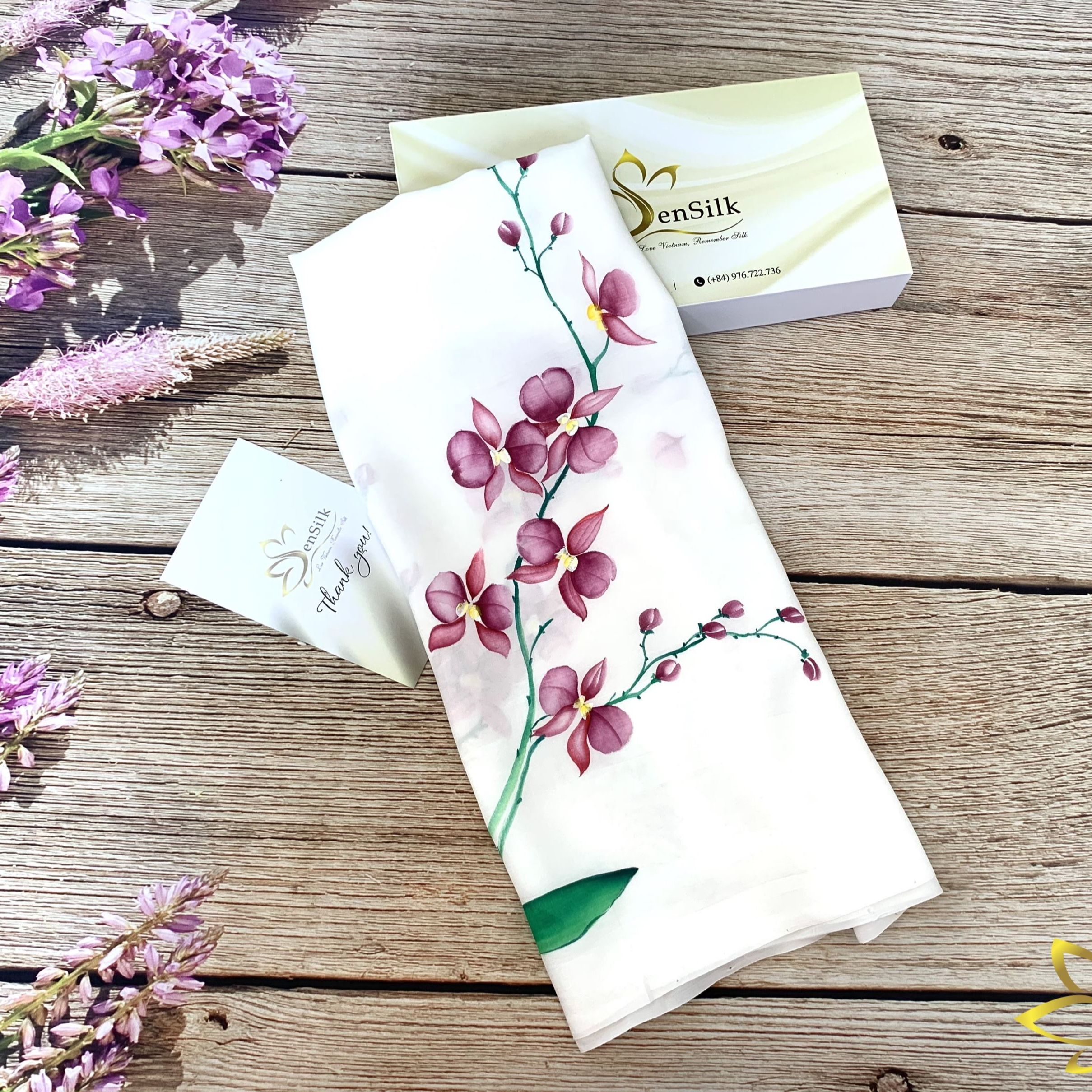 Khăn Lụa Tơ Tằm Vẽ Hoa Lan SenSilk 90x90cm, Khăn Lụa Vuông, Lụa Tơ Tằm Vẽ Tay, Khăn Lụa Mỏng, Tơ Lụa Nha Xá, Vietnam Silk Embroidery Scarf