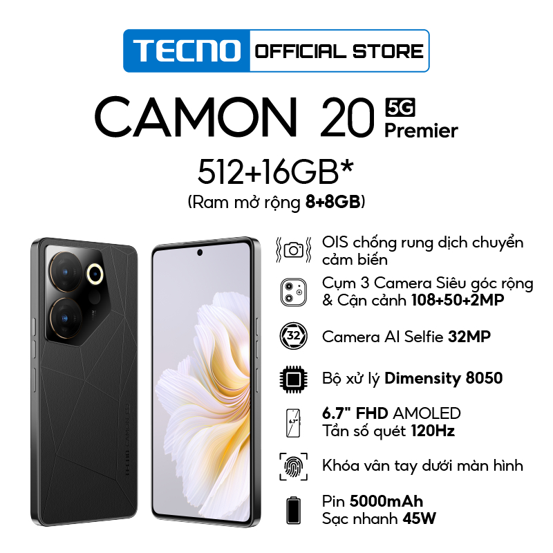 Điện thoại Tecno CAMON 20 Premier 5G - 8GB/512GB | Dimensity 8050| Cụm Camera 108+50+ 2MP | AMOLED - Tần số quét 120Hz