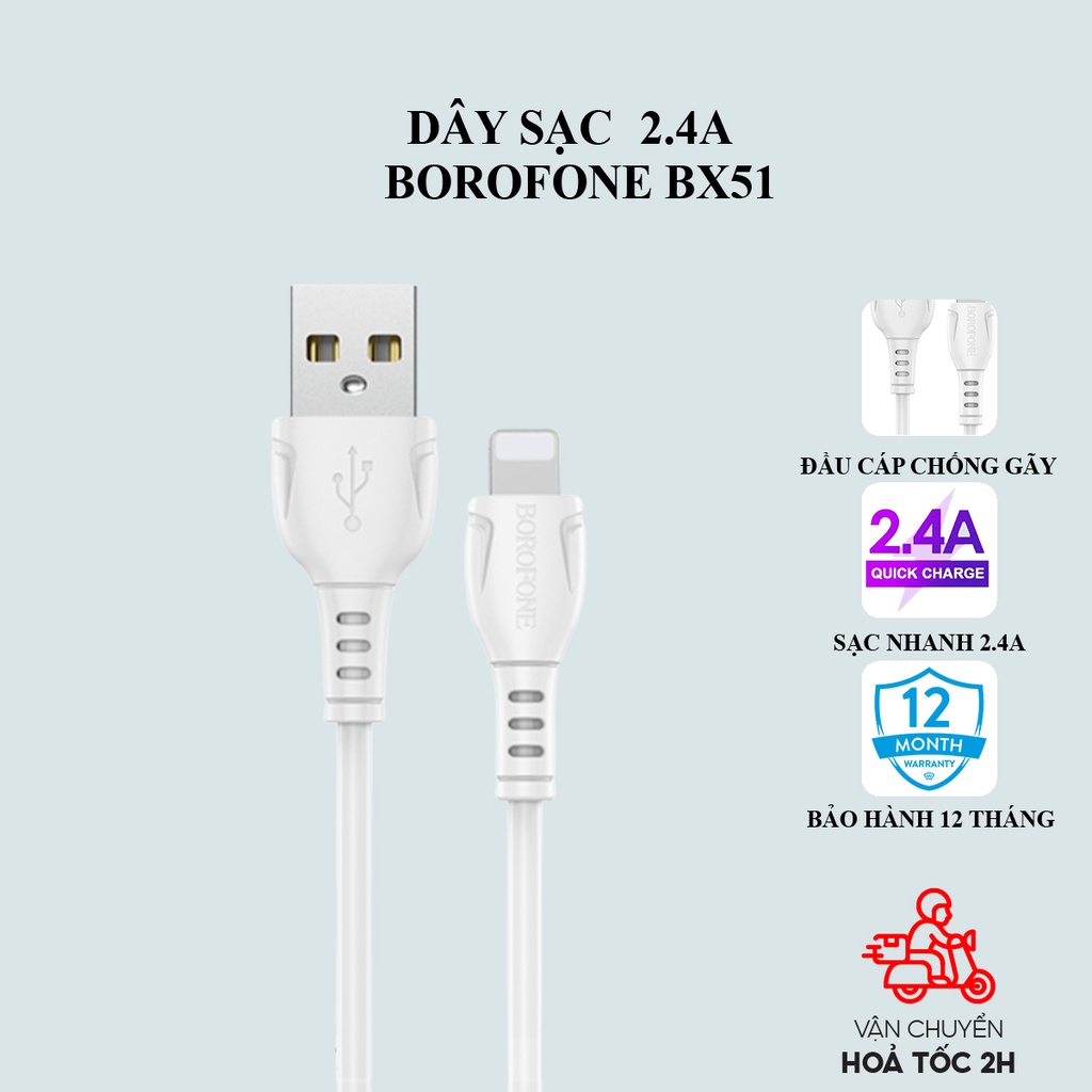 Dây Sạc nhanh 2.4A Borofone BX51 chống rối, gãy cho iPhone, Android, iPad, dây truyền tải dữ liệu dài 1m - CHÍNH HÃNG